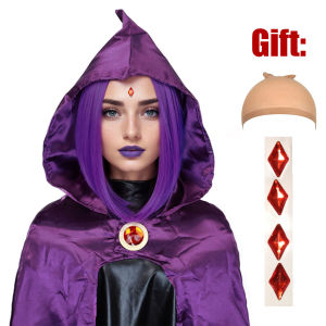 Womens Raven Superhero Purple Short Bob Straight Wig with 30Widows Peak Synthetic Hair Cosplay for Halloween Costume Party