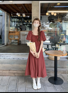 Muuv-It Slimming Square Neck Dress For Women New Folded Waist Loose Casual Waist-Cinching Korean Style Long Dress