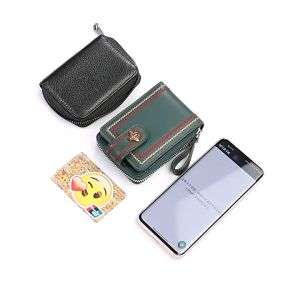 BANYANU Ladies Driver License Purse Anti RFID Fashion Small Genuine Leather Card Holder Case Wallet for Women Green Black Color