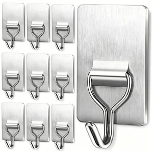 10Pcs Self-Adhesive Towel Hooks - 304 Stainless Steel Multi-Purpose Storage Hooks - Home Kitchen Bathroom Key Hangers Hooks Accessories
