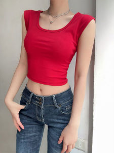 Áo Thun Tay Ngắn Hở Lưng Cổ Chữ U Màu Đỏ Cổ Điển Dành Cho Nữ Mùa Hè Cotton Pha Trộn Ngắn Ôm Vừa Vặn Gợi Cảm