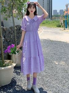 Summer New Purple Bow Tie Doll Collar Slimming Midi Dress Long Skirt Pleated Short Sleeve Womens Fashion Commute Dress