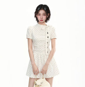 KBVVR | Polka Dots Bow Short Sleeve School Style Fitted A-line Dress