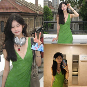 สีเขียว คอวี สองชั้น งานปัก French Vintage เดรส ผู้หญิง ฤดูร้อน พรางหุ่น รอยเอว แขนกุด ยาว เดรส