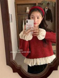 Phong Cách Hàn Quốc Dễ Thương Cánh Hoa Cổ Tròn Dài Tay Thiết Kế Giáng Sinh Năm Mới Màu Đỏ Áo Len Dệt Kim Nữ Thời Trang Ấm Áp Thoải Mái