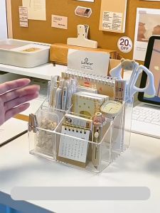 Ống cắm bút trong suốt khay nhựa nhiều ngăn để bàn đựng mỹ phẩm mini decor bàn học thiết kế đẹp