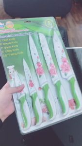 RRS ชุดมีดเคลือบ นอนสติ๊กลายดอก 5 ชิ้น ชุดมีทำครัว ด้ามสีเขียว - เครื่องครัว