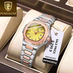 นาฬิกาทอง POEDAGAR สำหรับกันน้ำสำหรับผู้หญิงของแท้2024ใหม่สามารถจำนำได้ปฏิทินสเตนเลสผู้หญิงทรงสี่เหลี่ยมจัตุรัสนาฬิกาข้อมือลำลอง
