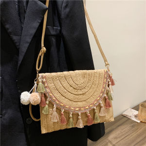 Ethnic Style Straw Woven Bag Summer New Fashion Tassel Weaving Handbag Shoulder Crossbody Women Beach Soft Magnetic Buckle Closure