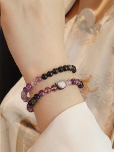 Double-Circle Natural Amethyst Black Obsidian Bracelet Womens Lucky Cat Head Fashion Jewelry Best Friend Good Luck Charm