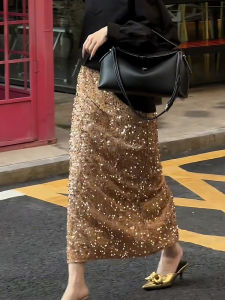 Champagne Gold Sequin Velvet Midi Skirt Womens Summer New Style Chinese Fashion High Waist Straight Long Skirt Elegant