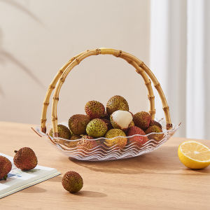 Transparent Fruit Plate Ins Accessible Luxury Feng Shui Ripple Bamboo Handle Large Capacity For Home Living Room Snack Dried Fruit Storage Basket
