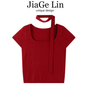 French Elegant Red Knitted Short Sleeve Square Collar Womens Top Spring Autumn Short Style Beautiful T-Shirt Lin Jia Ge