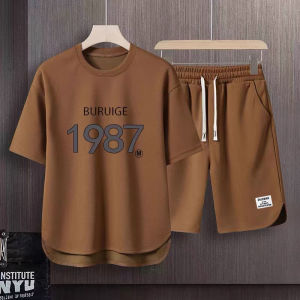 Summer Waffle Ice Silk Leisure Suit Mens Plus Size Short-Sleeved T-shirt Youth Student Loose Shorts Two-piece Set