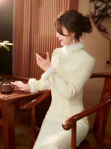 Thickened Fleece Long Qipao Dress Elegant Style Warm Daily Wear Autumn Winter Seasonal Light National Style in Beige Color