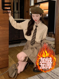 เสื้อเชิ้ตแขนยาวลายทางมีซิปและกระเป๋า กระโปรงจีบ ชุดแฟชั่นฤดูใบไม้ร่วงและฤดูหนาวสำหรับเด็กผู้หญิง เสื้อผ้าทำงานแบบมีดีไซน์