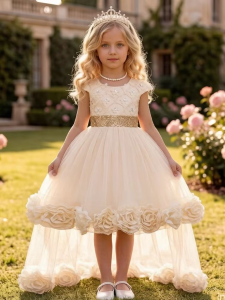 Flower Girl Dress 3D Rose Lace Tulle Sequin Waistband Princess Gown Birthday Holiday Wedding Party Formal Girls Dresses 3-12Y