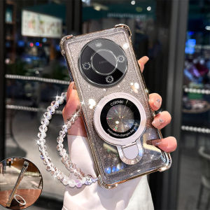 Applicable to Huawei Mate60 Phone Case Airbag Silicone Drop-Resistant Ultra-Thin Soft Case Mate60pro Fashion High-End Magnetic Bracket Protective Case Bra-Al00 Glitter Transparent ALN-AN00 Lanyard