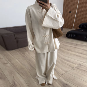Chinese Style Women Long Pant Set Chic Frog Buttons Long Sleeve Single Breasted Stand Collar Female Coat Wide Leg Trouser 2026