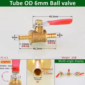 1/4 6mm 8mm 10mm12mm Ball Faucet Shutoff Ball Valve Hose Barb Inline Water Oil Air Gas Fuel Line Small Brass Ball Valve