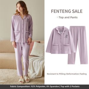FENTENG | Spring Autumn Muslin Velvet Long Sleeve Cardigan Pajamas Set Plus Size Wearable Outdoors