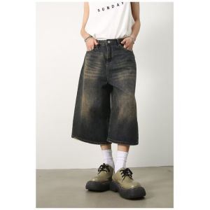 Quần Short Denim Nam Phong Cách Mỹ Cổ Điển Mùa Hè Quần Dài Đến Mắt Cá Chân Phong Cách Đường Phố Quần Ống Rộng