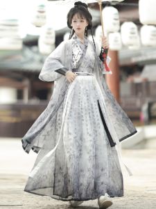 Original Bamboo Stream Language Hanfu Couples Style Calligraphy Martial Arts Ancient Costume Men Women Waist Length Dominant