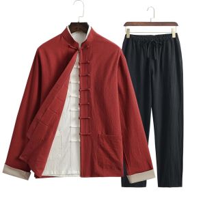 Retro Cotton Linen Three-Piece Set with Button for Middle-Aged Men Chinese Style Tang Costume Casual Washed Processed Clothing