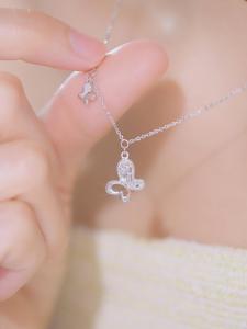 ZHOU LIU FU 周六福 PT950 Platinum Necklace Butterfly Earrings Butterfly Pendant Design Jewelry Gift for Women Girl 40+5cm B0614774/B0914775