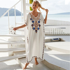 DN0960 Oversize White Cover Ups Embroidery V-neck Maxi Dress For Summer Short Sleever Holiday Kaftan Bathing Suit