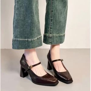 Womens Retro Square Toe Mary Jane Pumps - Shallow Cut One Strap Chunky Heel High Heels  Elegant Commuter Single Shoes