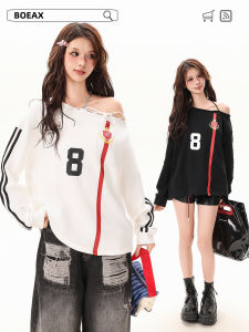 Áo Nỉ in Chữ Cổ Treo Vai Hở Vai Phong Cách Đường Phố Mỹ Dành Cho Nữ Mùa Thu Mới Áo Nỉ in Chữ Số Thời Trang