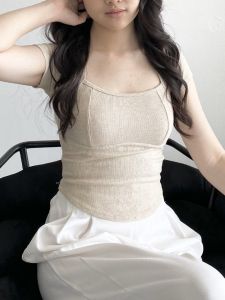 AMstore999 - Reni Top - Atasan Wanita Short Sleeve - Ribbed Knit Summer Stretch Top - Korean Square