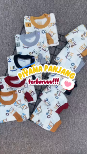 Setelan piyama panjang motif HEY CREAM usia 3-12 bulan kancing pundak celana panjang baju tidur anak perempuan laki laki Almeera Baby and Kids