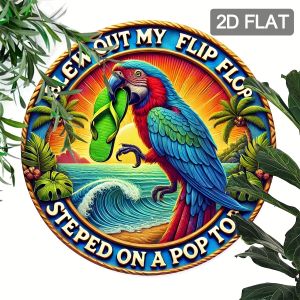 CIFbuy | 2D Flat Outdoor Summer Pool Parrot & Flip-Flops & Wave Metal Tin Sign Tropical Beach Humorous Round 8x8 Inch Aluminum Sign 2D F