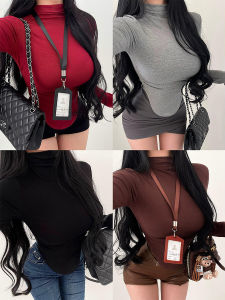 Young Girl Day Pure Desire High Collar Pleated Waist Cinched Long Sleeve Fleece Lined Base T Shirt Top Womens Fashion