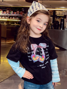 Girls Cartoon Printed T-shirt Base Layer Top Korean Style Loose Fit Long Sleeve round Neck Autumn Fashion Childrens Casual Wear