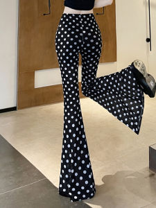 Summer Fashion Checkered Design Womens High Waist Flared Pants Black White Polka Dot Elastic Casual Thinming Long Trousers