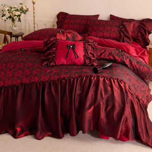 Cotton Jacquard Rose Retro Wedding Four-Piece Long-Staple Cotton Satin Quilt Cover Wine Red Princess Style French Bedding