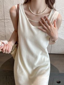 MiiOW | Váy vest không tay cổ tròn dệt kim màu trắng cho nữ mùa hè thanh lịch váy midi chữ A không tay cổ tròn váy dài mùa hè