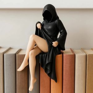 3D Mysterious Halloween Statue Gothic Black-robed Queen Figure Bookshelf Sculpture Ghost Sitting Statue Table Decoration Gift