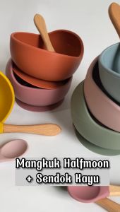 PERALATAN MAKAN BAYI / ANAK - MANGKUK HALF MOON SILIKON + SENDOK PREMIUM