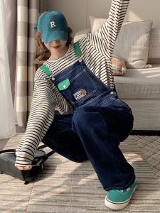 Salt And Sweet Denim Overalls Womens Two-Piece Set Autumn Casual College Style High Waist Wide Leg Pants Korean Version