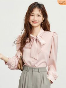 Elegant Satin Butterfly Knot Shirt Womens Long Sleeve Base Bubble Sleeve Slimming Top Trendy Commute Style Straight Cut