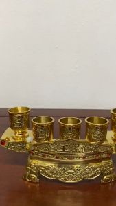 Bộ khay 5 chén bằng đồng vàng ly bằng đồng nguyên chất khay nước thờ đồ thờ cúng