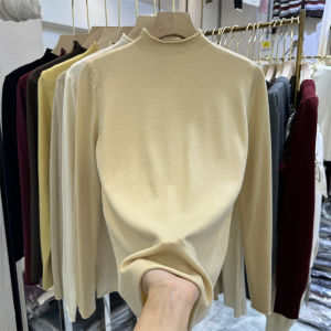 Slim Fit Knitted T-Shirt Womens Half High Collar Pure Color Inner Wear Base Shirt Top Korean Style Long Sleeve Regular Length