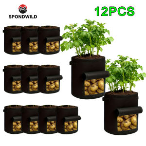 SPONDWILD 12 Pcs 5 Gallon Plant Grow Bags Thickened Non-Woven Fabric Garden Greenhouse Potato Pot Vegetable Growing Bags