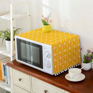 Khăn phủ lò vi sóng Mary Decor vải bố linen chạy pompom trắng cực yêu kích thước 36 x 100 cm