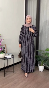 (COD) GAMIS THALIA TASSEL HITAM PUTIH BUNGA GARIS BATIK CAP