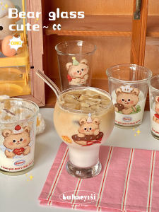 น่ารัก ถ้วยแก้วหมีขนมปัง วาดด้วยมือ ดีไซน์ พร้อมภาพประกอบ เครื่องดื่มกาแฟ ขนมหวาน ถ้วยอาหารเช้า Ins สไตล์เกาหลี